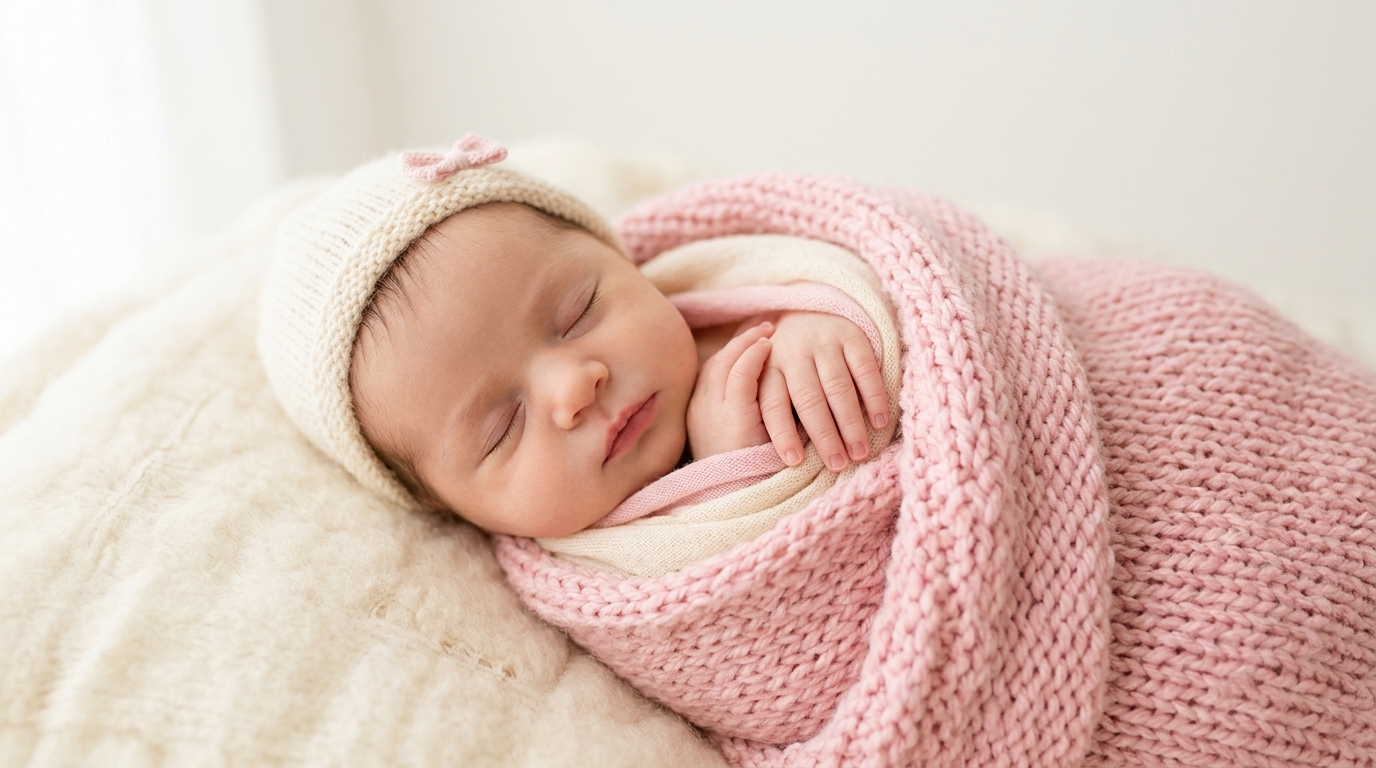 ピンクのブランケットに包まれた女の子のあかちゃん