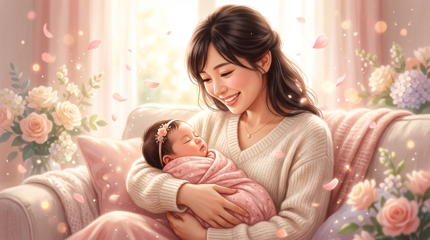 女の子の赤ちゃんを抱く女性